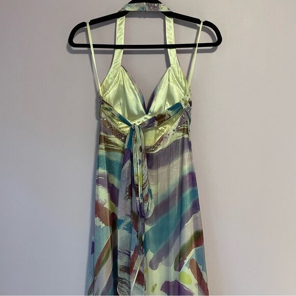 B Darlin Prom Dress Size 9 10 Halter Beaded Satin Maxi Purple Blue Chiffon - Picture 8 of 11